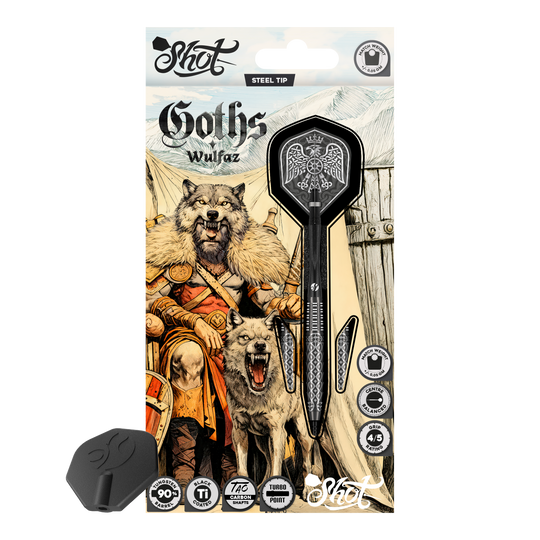 Shot Goths Wulfaz Turbo Point Steel Darts - 23g Das Bild zeigt die Shot Goths Wulfaz Turbo Point Steeldarts mit 23 Gramm. Diese Pfeile sind für das Steeldartspiel konzipiert.
