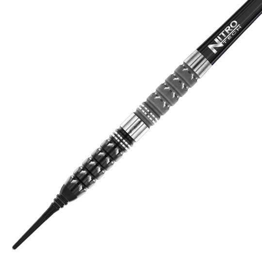 Red Dragon Paradym Tapered Soft Darts - 20g Das Bild zeigt den Red Dragon Paradym Tapered Softdart mit einem Gewicht von 20g. Der Dart hat ein markantes, silber-schwarzes Design mit spezieller Griffstruktur und der Aufschrift "Nitro Tech" am Schaft.