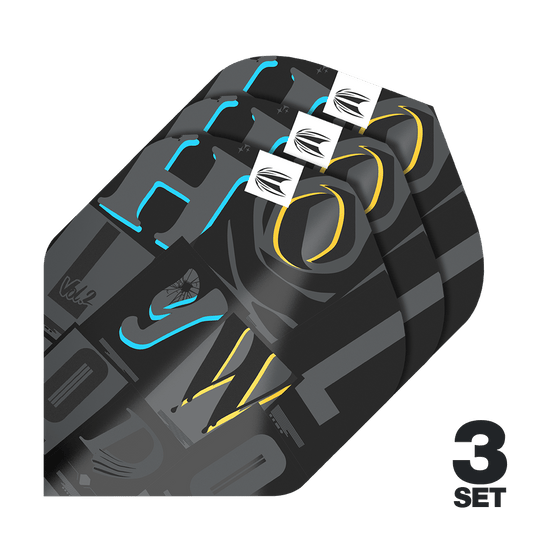 Das Bild zeigt drei Sets der Target Pro Ultra Chris Dobey No2 Standard Flights. Die Flights sind schwarz mit bunten Akzenten und moderner Grafik gestaltet.