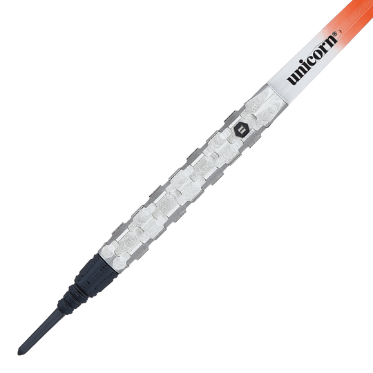 Unicorn Ballista Style 1 soft darts Das Bild zeigt einen Softdart namens "Unicorn Ballista Style 1". Der Dart hat einen silbernen, strukturierten Griff und eine schwarze Spitze.