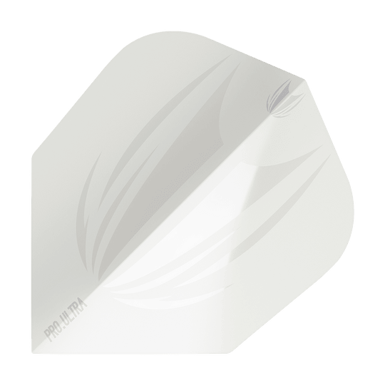 TG411_Target_ProUltra_ID_White_No6_Flights_1 Das Bild zeigt ein weißes Dartflight mit einem dezenten, grauen Muster. In einer Ecke steht der Schriftzug "PRO.ULTRA".