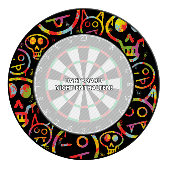Abgebildet ist ein Dartboard Surround mit bunten Smiley-Graffiti. Diese Umrandung dient dem Schutz beim Darts-Spielen.
