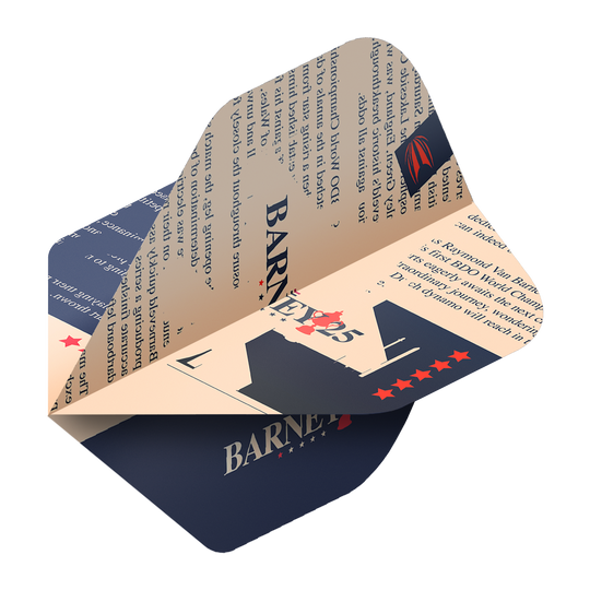 Das Bild zeigt einen Target ProUltra Raymond Van Barneveld Barney25 Standard Flight für Darts. Das Design ist in Blau und Beige gehalten und enthält Sterne sowie den Schriftzug "Barney25".