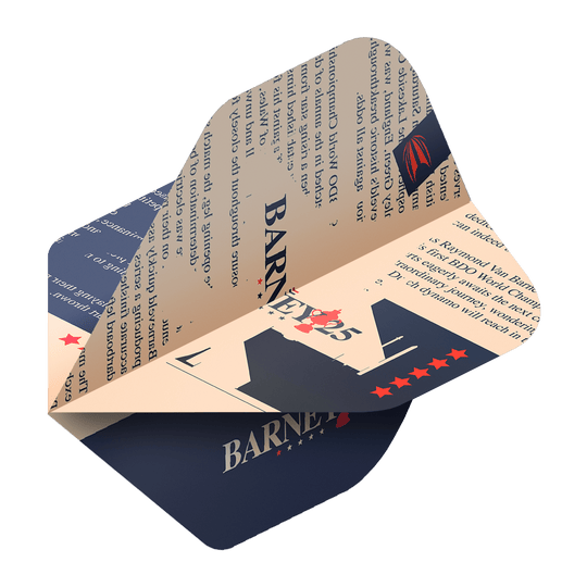 Target ProUltra Raymond Van Barneveld Barney25 Standard Flights Das Bild zeigt einen Target ProUltra Raymond Van Barneveld Barney25 Standard Flight für Darts. Das Design ist in Blau und Beige gehalten und enthält Sterne sowie den Schriftzug "Barney25".