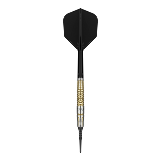 Das Bild zeigt einen Target Japan Black Marque Warrior Softdart mit einem Gewicht von 18,5g. Der Dart hat eine schwarze Spitze und Flügel sowie einen gold-silbernen Griffbereich.