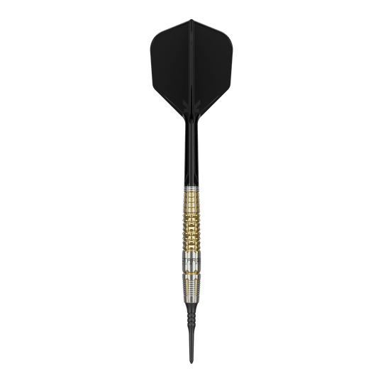 Target Japan Black Marque Warrior Soft Darts - 18.5g Das Bild zeigt einen Target Japan Black Marque Warrior Softdart mit einem Gewicht von 18,5g. Der Dart hat eine schwarze Spitze und Flügel sowie einen gold-silbernen Griffbereich.