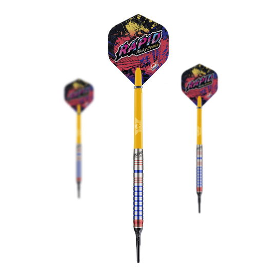 Bulls NL Ricky Evans Rapid Edition One Soft Darts - 20g Das Bild zeigt drei Softdarts der Marke "Bulls NL Ricky Evans Rapid Edition One" mit einem Gewicht von 20g. Die Darts sind gelb mit farbigen Flights, auf denen "Rapid Ricky Evans" steht.