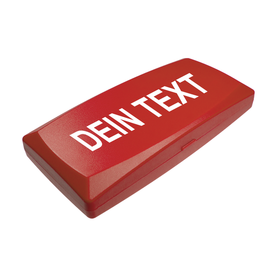 Auf dem Bild ist eine rote Kunststoffbox zu sehen. Auf der Box steht in weißen Buchstaben "DEIN TEXT".