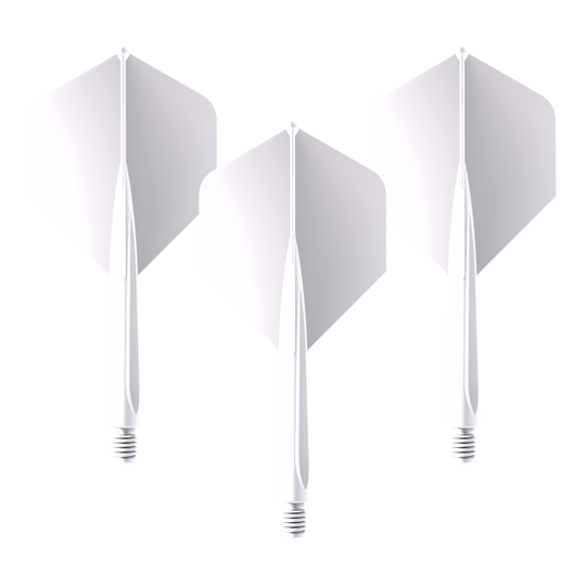 Das Bild zeigt drei weiße Dartflights mit integriertem Schaft. Es handelt sich um das Produkt "Unicorn Forge All In One Plus No2 Standard Flights Weiß - Medium".