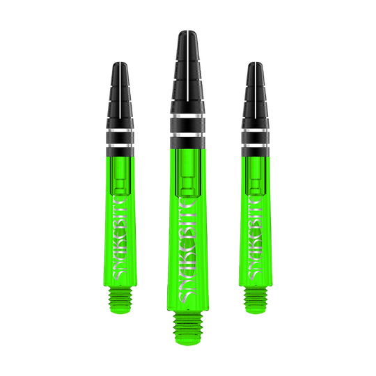 Das Bild zeigt drei grüne Dartschäfte der Marke Red Dragon Nitrotech Peter Wright. Auf den Schäften steht in weißer Schrift das Wort "Snakebite".