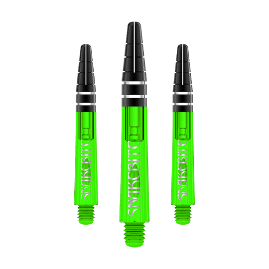 C644_Red_Dragon_Nitrotech_Peter_Wright_Green_Shafts_36mm_1 Das Bild zeigt drei grüne Dartschäfte der Marke Red Dragon Nitrotech Peter Wright. Auf den Schäften steht in weißer Schrift das Wort "Snakebite".