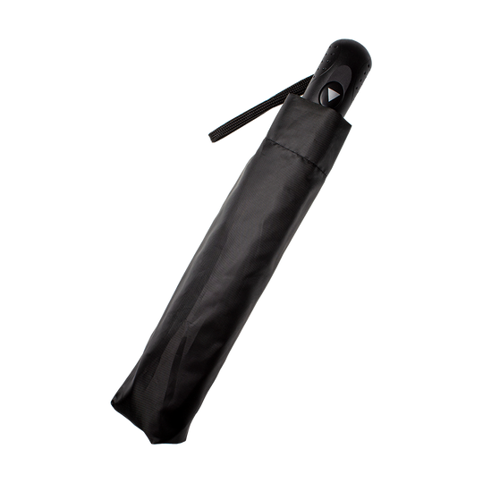 SCHIRM-McDart-Dartboard-Regenschirm-4 Auf dem Bild ist der McDart Dartboard Regenschirm zu sehen. Er ist zusammengefaltet und in einer schwarzen Hülle verstaut.