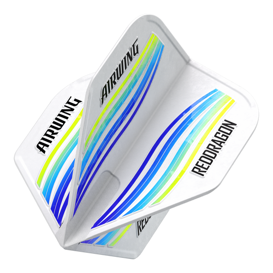 Das Bild zeigt die Red Dragon Airwing Blue Wave Standard Flights. Die Flights sind weiß mit blauen, gelben und grünen Wellenlinien und haben die Aufschriften "AIRWING" und "RED DRAGON".