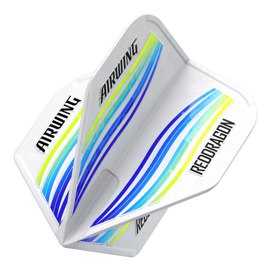 Red Dragon Airwing Blue Wave Standard Flights Das Bild zeigt die Red Dragon Airwing Blue Wave Standard Flights. Die Flights sind weiß mit blauen, gelben und grünen Wellenlinien und haben die Aufschriften "AIRWING" und "RED DRAGON".