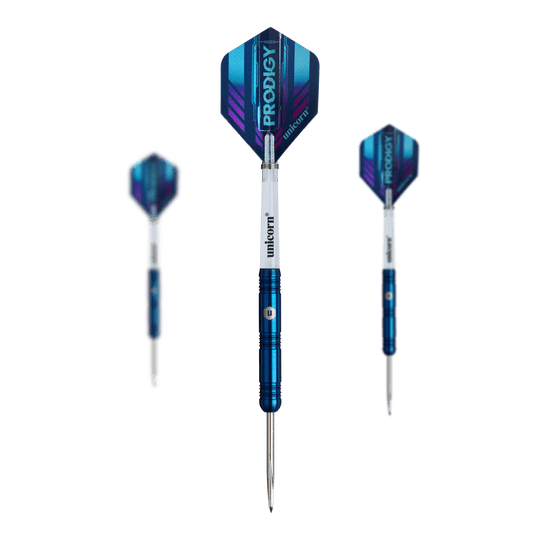 Unicorn Prodigy 01 Parallel Steeldarts Das Bild zeigt drei Steeldarts des Produkts "Unicorn Prodigy 01 Parallel". Die Darts haben blaue Schäfte und weiße Flights mit dem Aufdruck "PRODIGY".