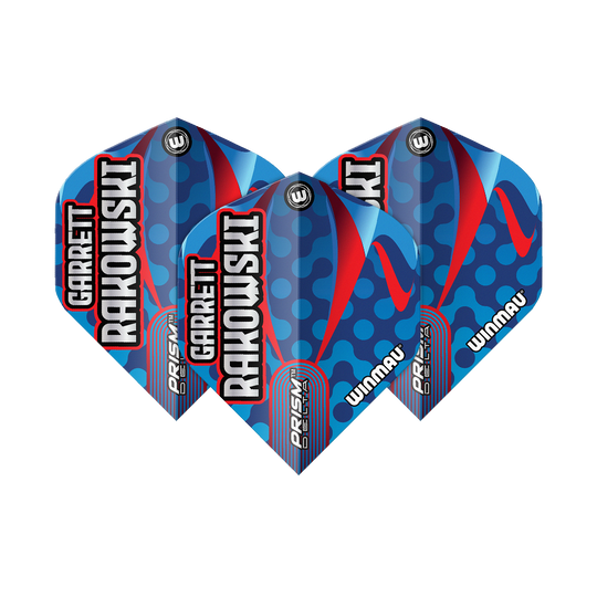 Winmau Prism Delta Garrett Rakowski Standard Flights Das Bild zeigt die Winmau Prism Delta Garrett Rakowski Standard Flights. Die Flights sind blau mit roten und hellblauen Akzenten sowie dem Namen "Garrett Rakowski" darauf.