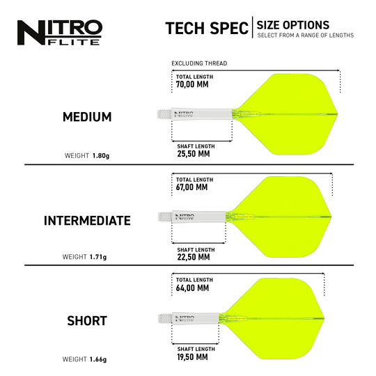 Das Bild zeigt die Produktvarianten "Red Dragon Nitroflite - White Shaft Yellow No2 Flights" in drei verschiedenen Längen: Medium, Intermediate und Short. Für jede Variante sind die Gesamtlänge, die Schaftlänge und das Gewicht angegeben.