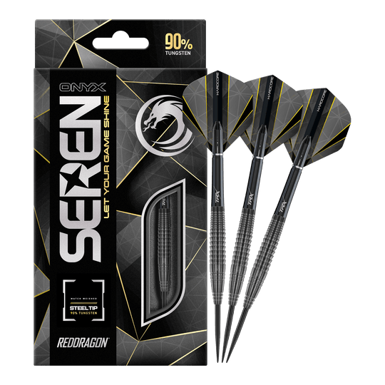 Das Bild zeigt die Verpackung und drei Steeldarts des Produkts "Red Dragon Seren 4 Onyx". Die Darts bestehen zu 90% aus Wolfram und haben ein modernes, schwarzes Design.