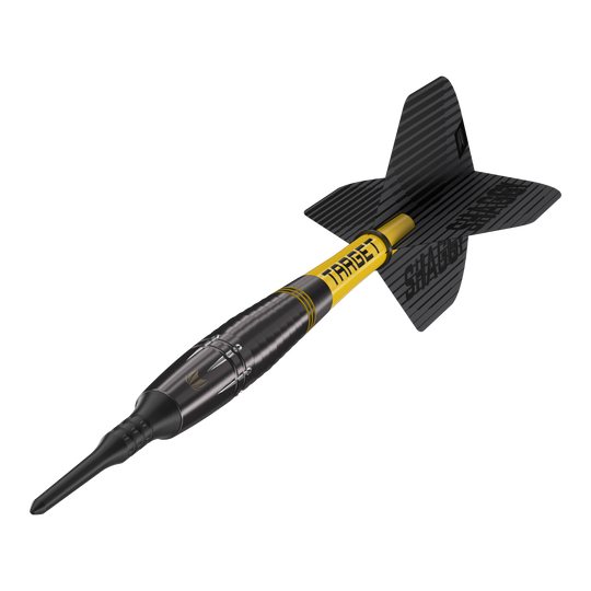 Target Scott Williams Shaggy Black Soft Darts - 20g Das Bild zeigt einen schwarzen Softdart mit gelbem Schriftzug „TARGET“ und der Aufschrift „SHAGGY“ auf der Flight. Es handelt sich um das Produkt „Target Scott Williams Shaggy Black Softdarts – 20g“.