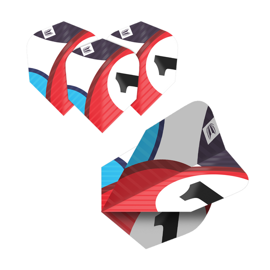 Das Bild zeigt fünf Sätze der Target Pro Ultra Chicane Multipack Ten-X Flights. Die Flights sind in den Farben Weiß, Rot, Blau und Schwarz gestaltet.