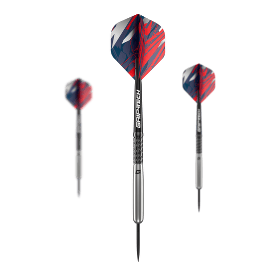 GOAT Homerun Baseball Tungsten Steel Darts Das Bild zeigt drei GOAT Homerun Baseball Tungsten Steeldarts mit silbernem Schaft und bunten, rot-blauen Flights. Die Darts sind modern gestaltet und heben sich durch das auffällige Design ab.