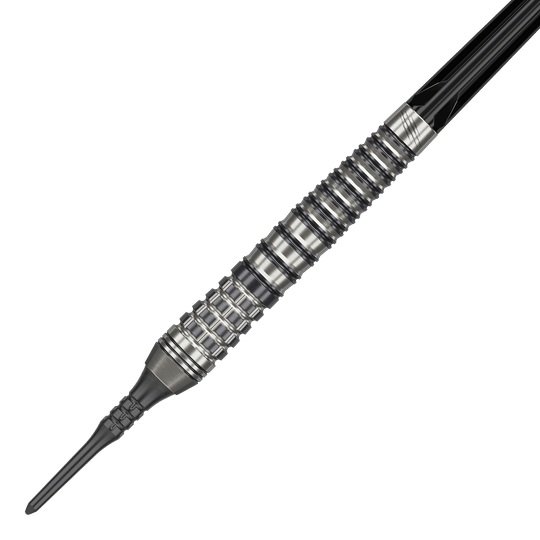 Das Bild zeigt einen Target Japan Black Marque Renegade 4 Softdart mit 19g Gewicht. Der Dart hat ein silber-schwarzes, gerilltes Design und eine schwarze Softspitze.