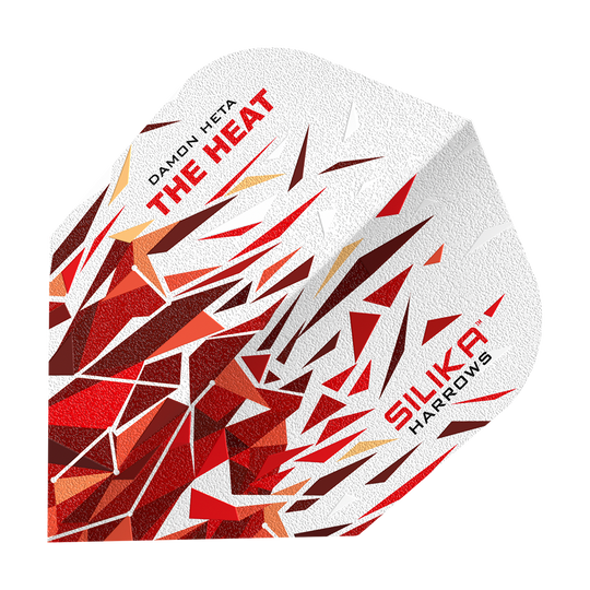 Das Bild zeigt einen Dart Flight mit dem Namen "Harrows Silika Damon Heta 2 Solid Tough Crystalline Coating No6". Das Design ist weiß mit roten und braunen, geometrischen Mustern und dem Schriftzug "THE HEAT" und "SILIKA HARROWS".