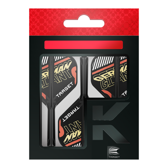 Auf dem Bild ist eine Verpackung mit Dart-Flights und Schäften der Marke Target zu sehen. Auf den Flights steht in gelber Schrift "GERMAN GIANT".