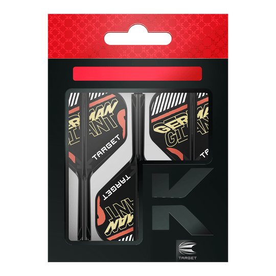 Target K-Flex Gabriel Clemens No2 Standard Flight Shaft System Auf dem Bild ist eine Verpackung mit Dart-Flights und Schäften der Marke Target zu sehen. Auf den Flights steht in gelber Schrift "GERMAN GIANT".