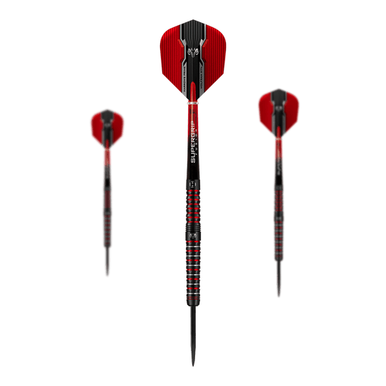 Harrows Tungsten Infinity 97% Tungsten Steel Darts Das Bild zeigt drei Harrows Wolfram Infinity 97% Tungsten Steeldarts mit roten und schwarzen Details. Die Darts haben einen metallisch gestreiften Griff und rote Flights.