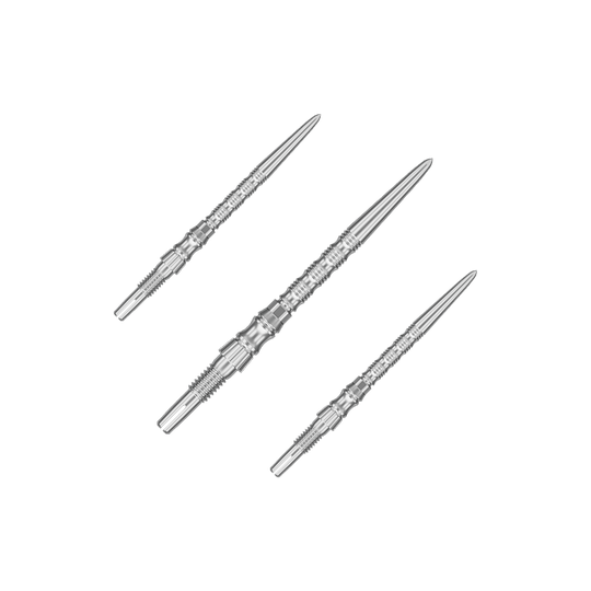 Target Signature Swiss Point TRB steel dart tips - silver Mehrere silberne Dartspitzen sind nebeneinander zu sehen. Es handelt sich um ein Set der 'Target SwissPoint Signature TRB' Dartspitzen mit 30 mm Länge.