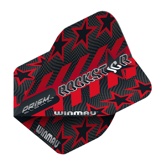 Das Bild zeigt die Dartflights "Winmau Prism Alpha Joe Cullen Standard Flights". Das Design ist schwarz-rot mit auffälligen Sternen und dem Schriftzug "ROCKSTAR".