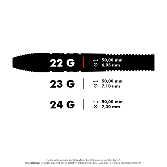 Target Nathan Aspinall X Echo Swiss Point steel darts Das Bild zeigt die Spezifikationen für Steeldarts in den Gewichtsklassen 22 g, 23 g und 24 g. Es werden jeweils die Länge und der Durchmesser der Darts angegeben.