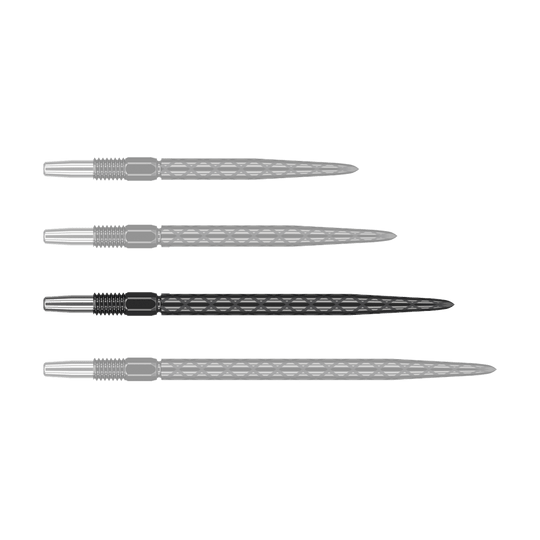 Target Swiss Diamond Pro Black Points dart tips Das Bild zeigt vier schwarze Dartspitzen mit einem rautenförmigen Muster. Sie sind nebeneinander auf weißem Hintergrund angeordnet.