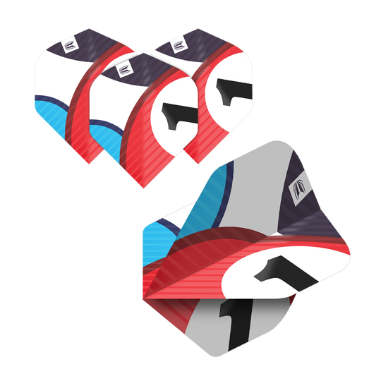 Das Bild zeigt fünf Sätze von Target Pro Ultra Chicane No2 Standard Flights für Darts. Die Flights sind bunt gestaltet mit Rot, Blau, Schwarz und Weiß und einer großen schwarzen Eins.