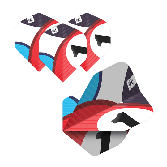 337204_Target_ProUltra_5Sets_Multipack_Chicane_No2_Standard_Flights_5OVaLkxp5z3Aoh Das Bild zeigt fünf Sätze von Target Pro Ultra Chicane No2 Standard Flights für Darts. Die Flights sind bunt gestaltet mit Rot, Blau, Schwarz und Weiß und einer großen schwarzen Eins.