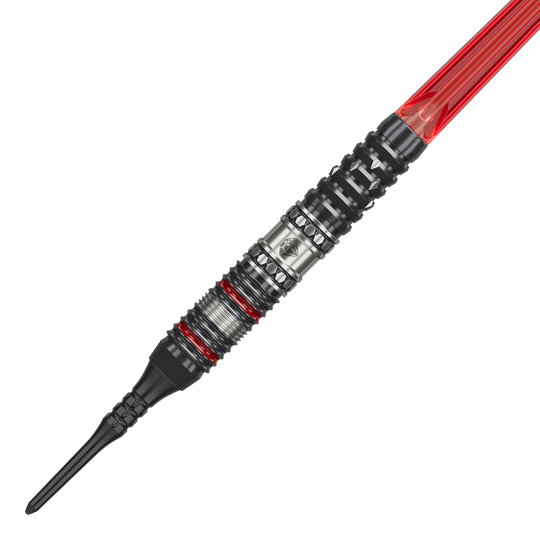 Das Bild zeigt einen Softdartpfeil aus der Produktreihe "Target Japan Prime Series Diamond GEN3" mit 18g Gewicht. Der Pfeil hat ein metallisches Design mit roten Akzenten und einer schwarzen Kunststoffspitze.