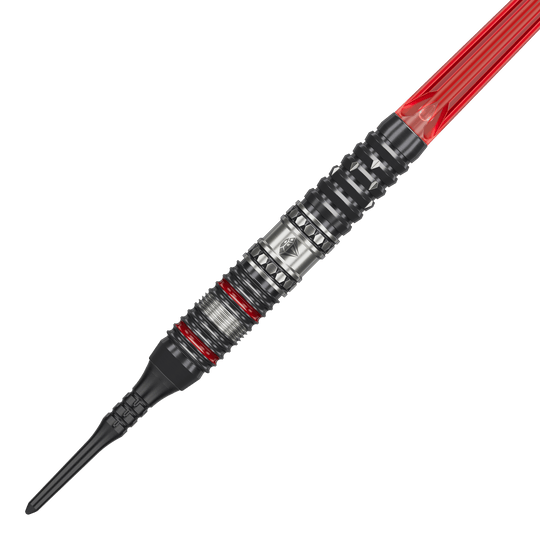 Target Japan Prime Series Diamond GEN3 Soft Darts - 18g Das Bild zeigt einen Softdartpfeil aus der Produktreihe "Target Japan Prime Series Diamond GEN3" mit 18g Gewicht. Der Pfeil hat ein metallisches Design mit roten Akzenten und einer schwarzen Kunststoffspitze.