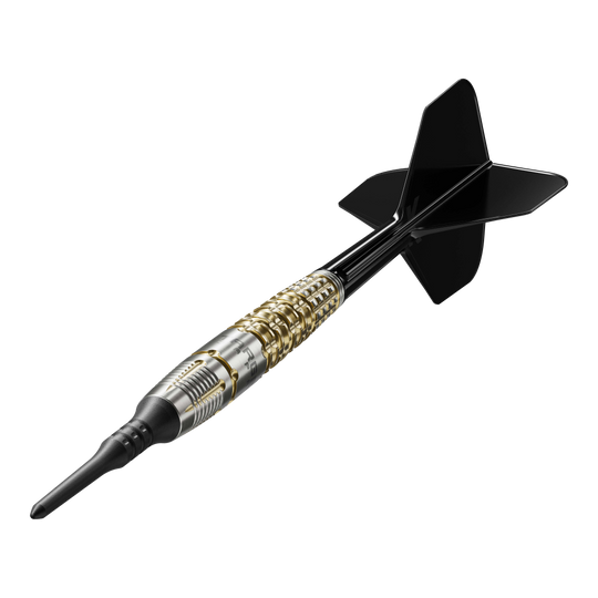 Target Japan Black Marque Warrior Soft Darts - 18.5g Dies ist der Target Japan Black Marque Warrior Softdart mit einem Gewicht von 18,5 Gramm. Er besitzt ein elegantes Design mit goldenen und silbernen Akzenten sowie schwarzen Flights.