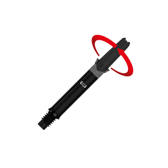 L-L-Style-Shafts Silent Straight - Black Das Bild zeigt einen schwarzen, geraden Dart-Schaft ohne Kappen. Ein roter Pfeil deutet eine Drehbewegung am oberen Ende des Schafts an.