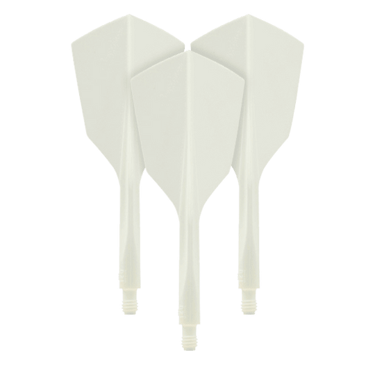 Condor Ax 120 Flight System White - Narrow Auf dem Bild sind drei weiße Dartflights aus dem Set "Condor Axe 120 Flight-System White - Narrow" zu sehen. Die Flights haben eine schmale Form und sind miteinander verbunden.