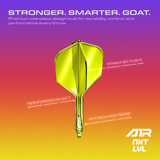 GOAT A1R No6 Flight Shaft System - Neon Yellow Das Bild zeigt das GOAT A1R No6 Flight-Shaft-System in Neon Gelb aus einer anderen Perspektive. Das Produkt ist für Dartspieler geeignet.