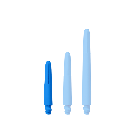 572_Nylon_Shafts_Blau_28mm_14C2m8Vqnjedt5 Das Bild zeigt drei blaue Nylon-Schäfte in unterschiedlichen Längen. Sie sind nebeneinander auf weißem Hintergrund angeordnet.