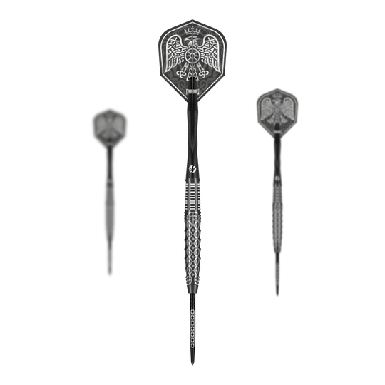 Shot Goths Wulfaz Turbo Point Steel Darts - 23g Das Bild zeigt das Shot Goths Wulfaz Turbo Point Steeldarts - 23g Set. Alle Teile des Dart Sets sind deutlich zu erkennen.
