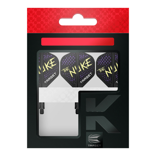 Target K-Flex Luke Littler Black No2 Standard Flight System Auf dem Bild ist eine Packung mit Dartflights der Marke Target zu sehen. Die Flights sind schwarz mit lilafarbenen Punkten und dem gelben Schriftzug "The Nuke".
