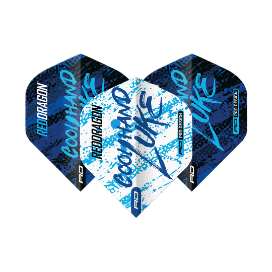 Das Bild zeigt drei Dart-Flights mit dem Design "Red Dragon Luke Humphries World Champion Blue White Yin Yang". Die Flights sind in Blau, Weiß und Schwarz gehalten und tragen die Aufschrift "Cool Hand Luke".