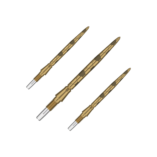 Target Swiss Storm Onyx Point Dart Tips - Gold Das Bild zeigt drei goldfarbene Dartspitzen mit einem strukturierten Muster. Am unteren Ende haben sie ein silbernes Schraubgewinde zur Befestigung.