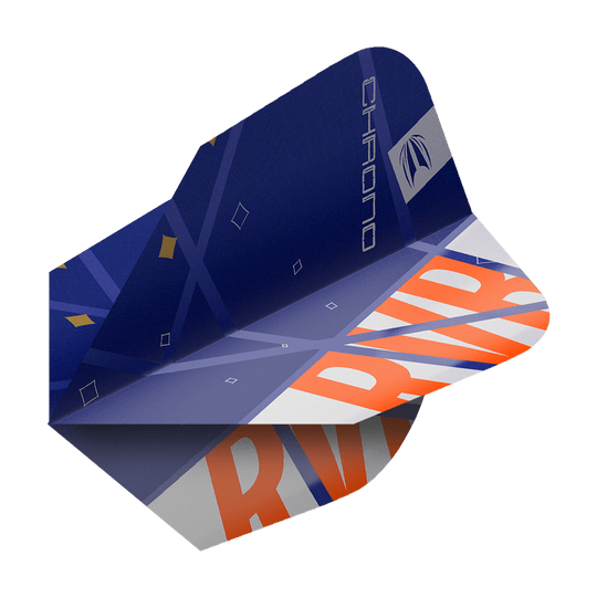 Das Bild zeigt ein Dart-Flight aus der Serie "Target Pro Ultra Raymond Van Barneveld Chrono Ten-X Standard". Das Flight ist hauptsächlich blau mit orangefarbenen und weißen Akzenten sowie dem Schriftzug "RV" und "CHRONO".