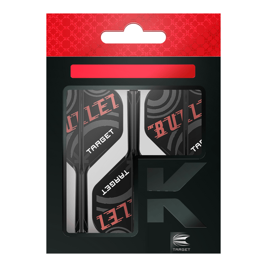 Target K-Flex Stephen Bunting No2 Standard Flight Shaft System Die Abbildung zeigt eine Verpackung der "Target K-Flex Stephen Bunting No2 Standard Flights". Die Flights sind schwarz, weiß und rot gestaltet und tragen die Aufschrift "THE BULLET" sowie "TARGET".
