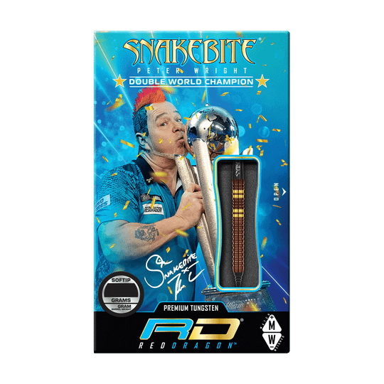 RD2570_Red_Dragon_Peter_Wright_Copper_Fusion_Softdarts_3 Die Verpackung zeigt die Red Dragon Peter Wright Copper Fusion Softdarts mit 20 Gramm Gewicht. Auf der Vorderseite ist ein Bild von Peter Wright mit Pokalen und der Aufschrift "Double World Champion" zu sehen.